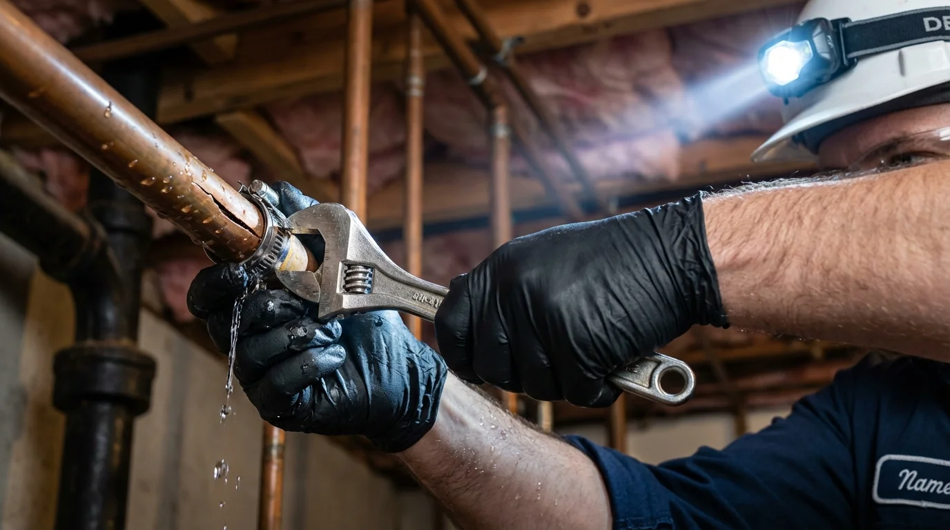 Emergency pipe clamp repair being performed by a Johns Plumbing LLC plumber in Cheyenne Wells