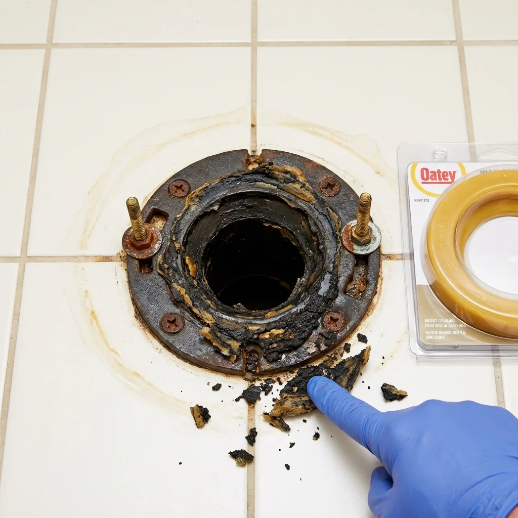 Failed wax ring showing water seepage at the base of a toilet in a Cheyenne Wells, CO home