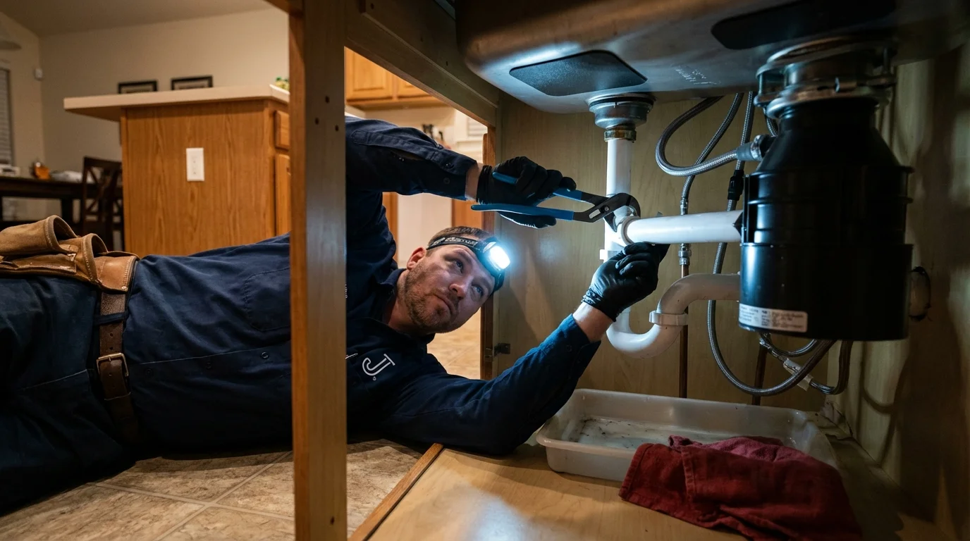 P-trap and supply line connections under a kitchen sink showing a common leak point in Cheyenne Wells, CO